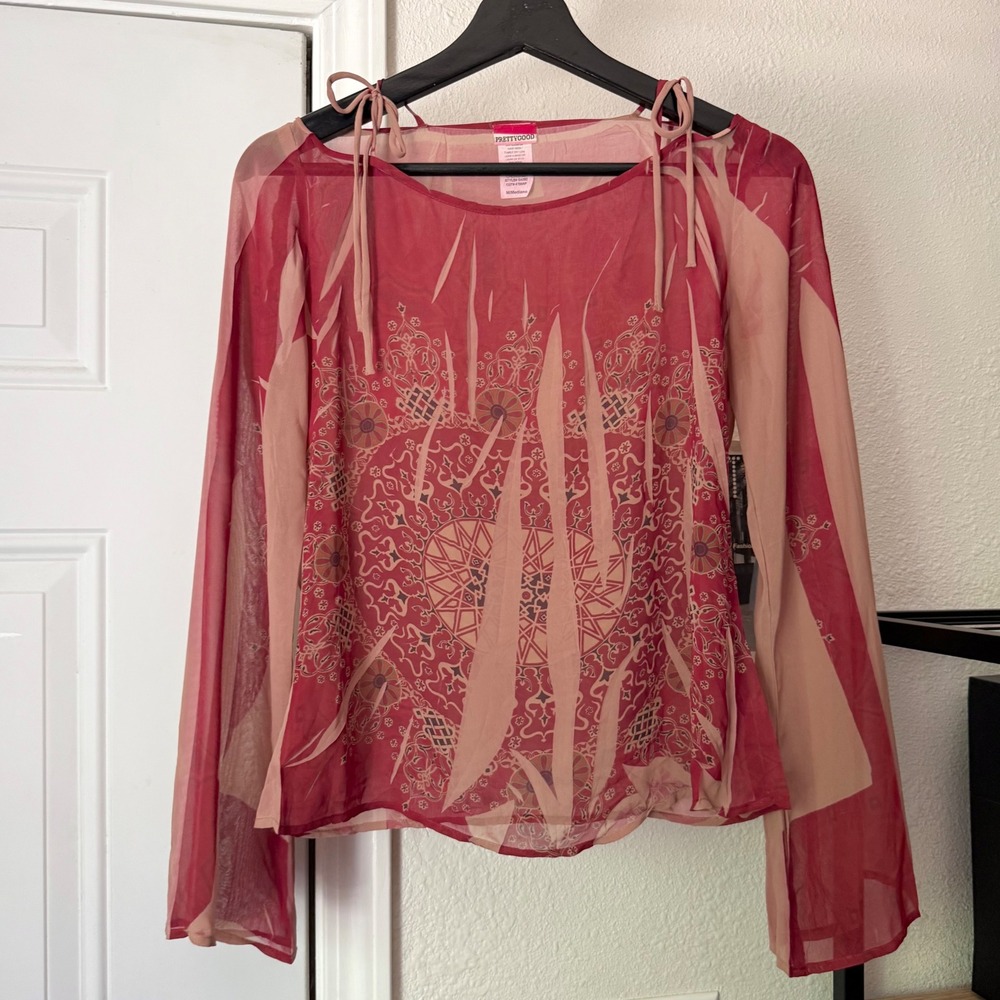 PRETTY GOOD red pink printed sheer bell long sleeve tie detail y2k blouse top‎